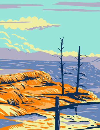 WPA poster art of Mammoth Hot Springs, a large complex of hot springs on a hill of travertine in Yellowstone National Park, Teton County, Wyoming USA done in works project administration style.のイラスト素材