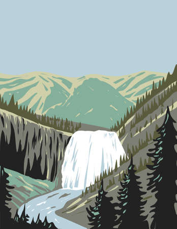 WPA poster art of Gibbon Falls, a waterfall on the Gibbon River in northwestern Yellowstone National Park, Wyoming USA done in works project administration style or federal art project style.のイラスト素材