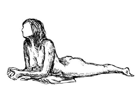 Doodle art illustration of a nude female human figure posing Prone on Elbows Side View in line drawing style in black and white on isolated background.のイラスト素材