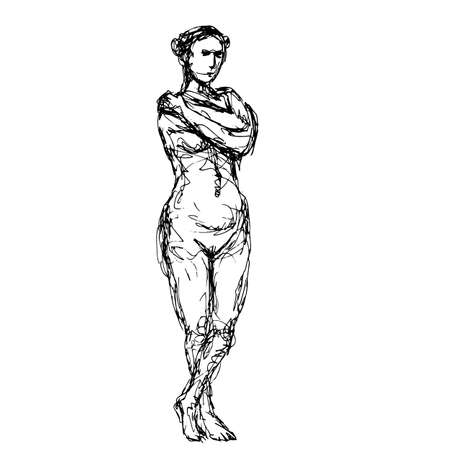 Doodle art illustration of a nude female human figure posing standing arms crossed done in continuous line drawing style in black and white on isolated background.のイラスト素材