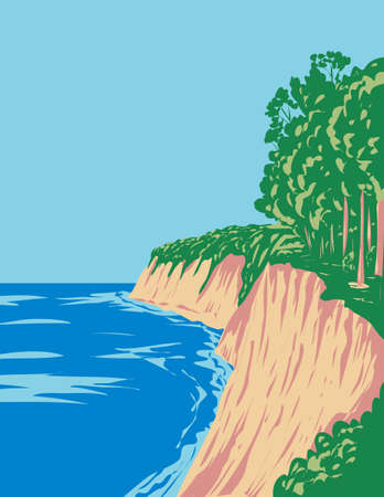 Art Deco or WPA Poster of Jasmund National Park with chalk cliffs and coastline on the Jasmund peninsula in Mecklenburg-Vorpommern, Germany done in works project administration style.のイラスト素材