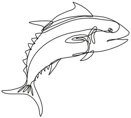 Continuous line drawing illustration of a bluefin tuna jumping side view done in mono line or doodle style in black and white on isolated background.のイラスト素材