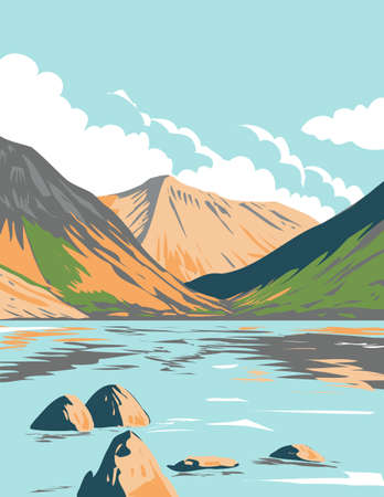 Art Deco or WPA poster of Wasdale Head and Wast Water in the Lake District National Park in Cumbria, England, UK done in works project administration style.のイラスト素材