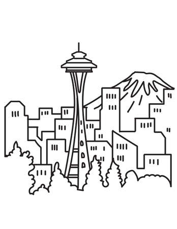 Mono line illustration of Seattle City downtown skyline with Space Needle landmark and Mount Rainier in in Washington State, USA done in monoline line art style.のイラスト素材