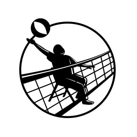 Mascot illustration of senior chair volleyball player spiking the ball over net on isolated white background inside circle in retro black and white style.のイラスト素材