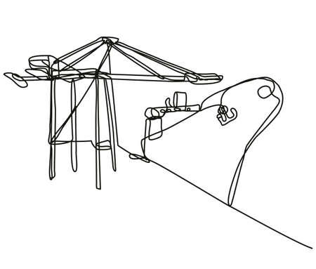 Continuous line drawing illustration of a boom crane loading a cargo ship done in mono line or doodle style in black and white on isolated background.の写真素材
