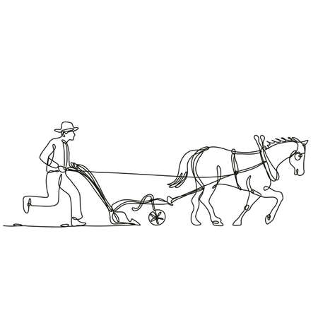 Continuous line drawing illustration of an organic farmer and horse plowing field side view done in mono line or doodle style in black and white on isolated background.のイラスト素材