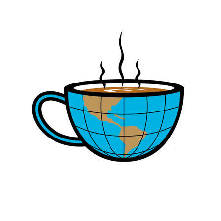 Retro style illustration of a smoking hot cup of coffee with half the globe world map on isolated white background in full color.のイラスト素材