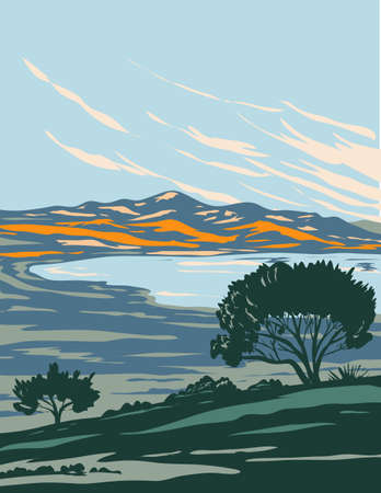 WPA poster art of the Antelope Island State Park in Antelope Island located within the Great Salt Lake in Salt Lake City and Davis County, Utah USA done in works project administration style.のイラスト素材