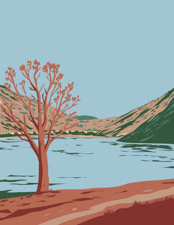 WPA poster art of Spring Valley State Park with Eagle Valley Reservoir in eastern Nevada, United States of America USA done in works project administration style.のイラスト素材