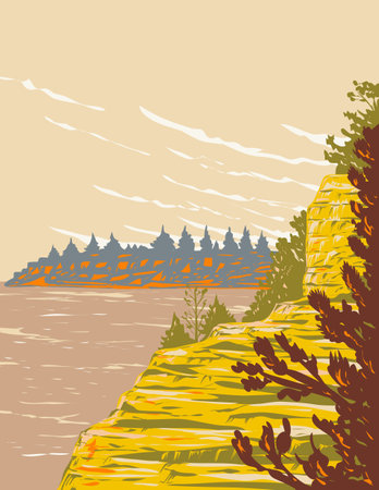 WPA poster art of Keyhole State Park with Belle Fourche River in Crook County, Wyoming seen from Cottonwood Area, Wyoming, United States of America done in works project administration style.のイラスト素材