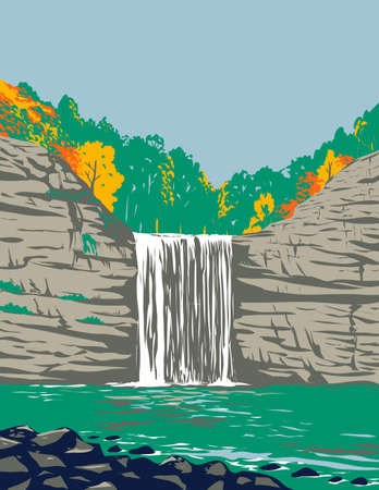 WPA poster art of Fall Creek Falls State Resort Park on the upper Cane Creek Gorge in Van Buren and Bledsoe counties Tennessee, United States of America USA done in works project administration style.のイラスト素材