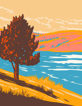 WPA poster art of Curt Gowdy State Park with Granite Springs Reservoir in Albany and Laramie counties, Wyoming, United States of America USA done in works project administration style.のイラスト素材