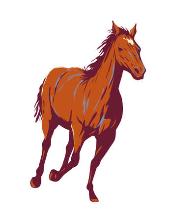WPA poster art of a mustang or wild horse free-roaming horse in Western United States descended from horses brought  by the Spanish done in works project administration or federal art project style.のイラスト素材