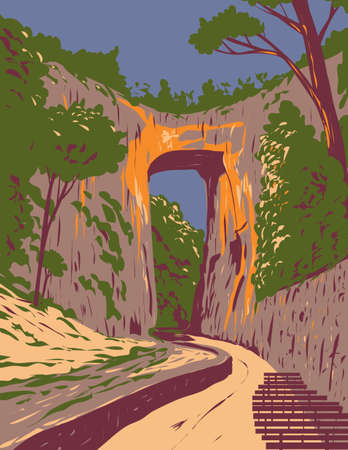 WPA poster art of Natural Bridge State Park with a natural arch in Rockbridge County, Virginia United States USA done in works project administration style or federal art project styleのイラスト素材