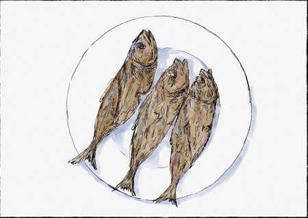 Pen and ink watercolor painting of fried tamarong, matambaka, mackerel scad or decapterus macarellus served on a plate which is a native Filipino seafood dish top in drawing sketch styleの写真素材