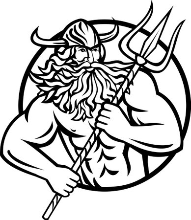 Mascot illustration of Aegir, Hler or Gymir God of the sea in Norse mythology with trident viewed from front set inside circle on isolated background in retro style.のイラスト素材
