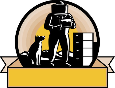 Retro style illustration of beekeeper wearing bee suit with border collie dog sitting and beehive with mountains inside circle with banner scroll in color.のイラスト素材