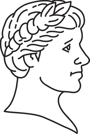 Mono line illustration of bust of an ancient Roman emperor, senator or Caesar, ruler of the Roman Empire during the imperial period wearing crown of laurel leaves side view done in monoline line art style.のイラスト素材