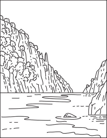 Mono line illustration of Calanques National Park Parc national des Calanques located on the Mediterranean coast in Bouches-du-Rhone, Southern France done in monoline line art style.&#xA;のイラスト素材