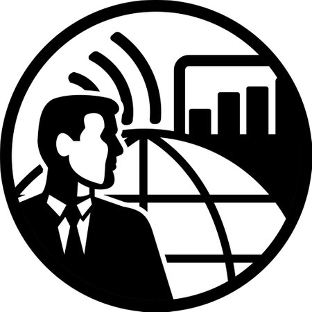 Retro style illustration of a businessman industrial engineer with internet connectivity, globe, sales graph, industrial buildings set inside circle on isolated background done in black and white. &#xA;のイラスト素材