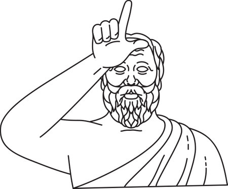 Mono line illustration of a Socrates Greek philosopher making the Loser hand gesture made by placing the hand in the L shape near the forehead a demeaning sign done in monoline line art style.&#xA;のイラスト素材