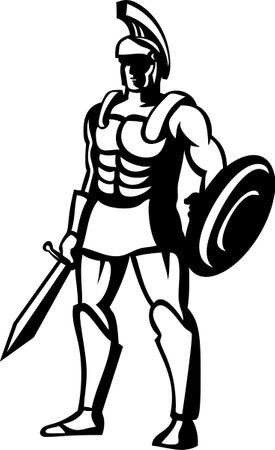Mascot illustration of a Roman centurion standing with sword and shield viewed from front on isolated background in retro style.のイラスト素材
