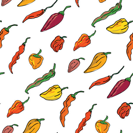 Tile seamless pattern in drawing sketch style illustration of a collection or set of different hot chili peppers on isolated white background.のイラスト素材
