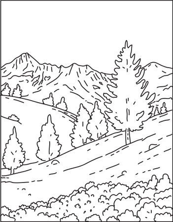 Mono line illustration of Mercantour National Park or Parc national du Mercantour located in the Alpes-de-Haute-Provence and Alpes-Maritimes departments in France done in monoline line art style.&#xA;のイラスト素材