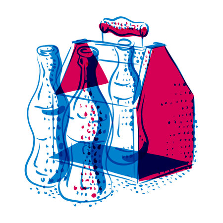 Risograph technique illustration of a vintage soda or cola bottle with wood crate done in retro riso effect digital screen printing style.
のイラスト素材