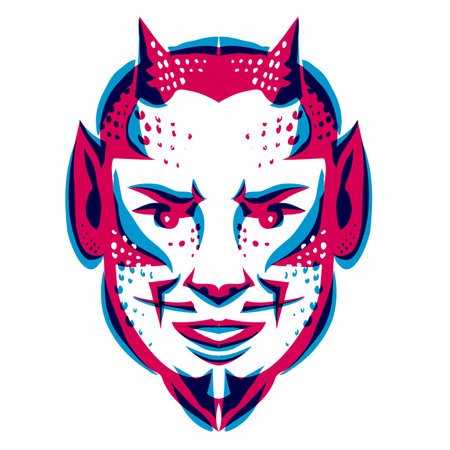 Risograph technique illustration of a head of a demon or devil viewed from front in retro riso effect digital screen printing style.&#xA;のイラスト素材