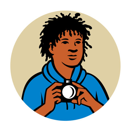 Retro style illustration of an African American boy photographer holding a digital camera viewed from front set inside circle on isolated background.&#xD;のイラスト素材