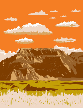 WPA poster art of sharply eroded buttes and pinnacles in Badlands National Park located in southwest South Dakota USA done in works project administration or federal art project style.のイラスト素材