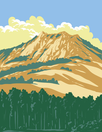 WPA poster art of Bishop Peak, the tallest of the Morros or Nine Sisters stretching to Morro Bay in San Luis Obispo, California USA done in works project administration or federal art project style.のイラスト素材