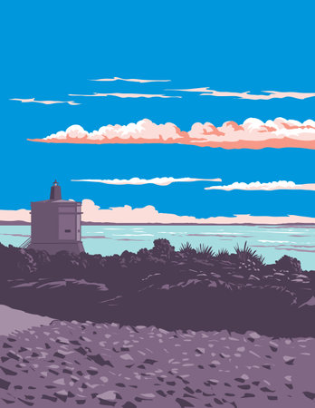 WPA poster art of Stirling Point Signal Station Lighthouse in Bluff at the southern end of in the South Island, New Zealand done in works project administration or federal art project style.のイラスト素材