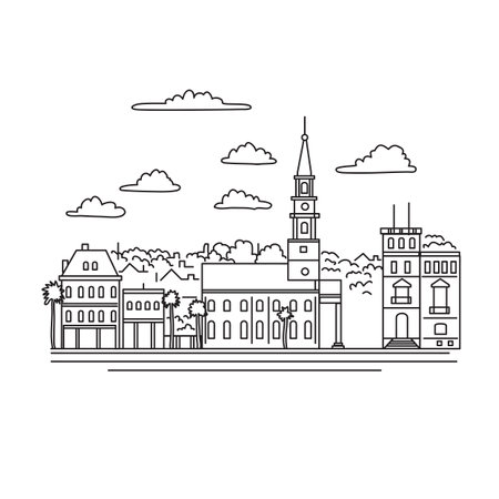 Mono line illustration of Broad Street including the steeple of St. Michael's Episcopal Church in Charleston, South Carolina, USA done in monoline line art black and white style.のイラスト素材
