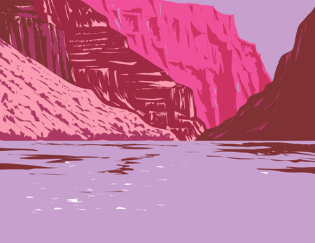 WPA poster art of the Colorado River cutting the Inner Gorge within Grand Canyon National Park in Arizona, United States done in works project administration or federal art project style.のイラスト素材