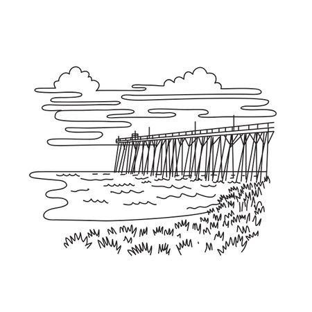 Mono line illustration of jetty or fishing pier at Kure Beach in Wilmington, North Carolina, USA done in monoline line black and white art style.のイラスト素材