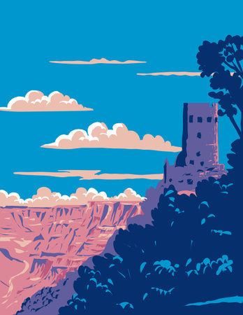 WPA poster art of Desert View Watchtower or the Indian Watchtower on the South Rim of the Grand Canyon National Park, Arizona done in works project administration or federal art project style.のイラスト素材