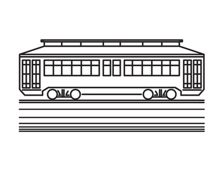 Mono line illustration of a streetcar or trolley car viewed from side done in monoline line art black and white style.のイラスト素材