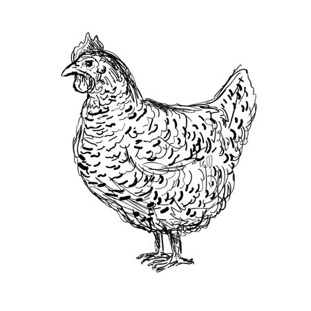 Drawing sketch style illustration of an Plymouth Rock, Rock, Barred Rock hen, an American breed of domestic chicken viewed from side on isolated white background done in black and white line art.のイラスト素材
