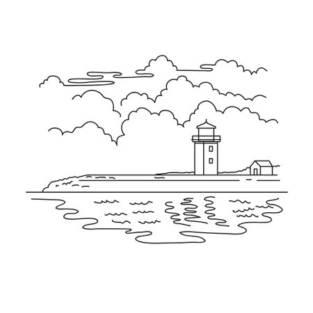Mono line illustration of Long Point Light Station lighthouse at the northeast tip of Long Point in Provincetown, Massachusetts USA in monoline line art black and white style.のイラスト素材