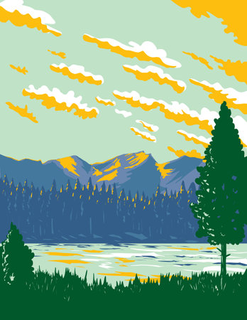 WPA poster art of Sprague Lake on the south side of Glacier Creek within Rocky Mountain National Park, Colorado, USA done in works project administration or federal art project style.のイラスト素材