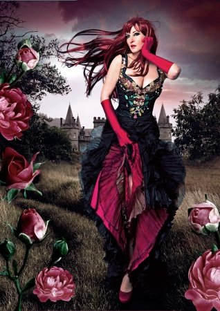 beautiful girl in evening dress running through a meadow with roses beautiful girl in evening dress running through a meadow with roses