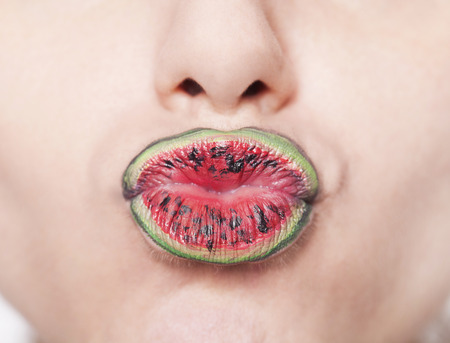 Woman watermelon lipsの写真素材