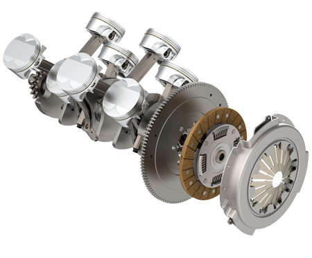 3d illustration of car engine and clutch system. Crankshaft, pistons, connection rods, damping flywheel, drive and basket isolated on white background.の写真素材