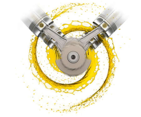 3d illustration of car engine with lubricant oil.  car engine components with splashes of oil on white background. Engine oil concept.の写真素材