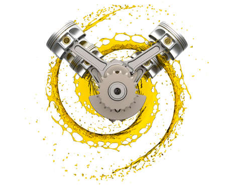 3d illustration of car engine with lubricant oil.  car engine components with splashes of oil on white background. Engine oil concept.の写真素材