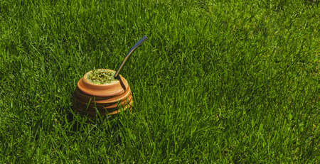 Yerba Mate tea on the grass. On a sunny day. Natural healthy drink. Green, fresh and refreshing. To drink in nature.の写真素材