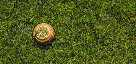 Yerba Mate tea on the grass. On a sunny day. Natural healthy drink. Green, fresh and refreshing. To drink in nature.の写真素材